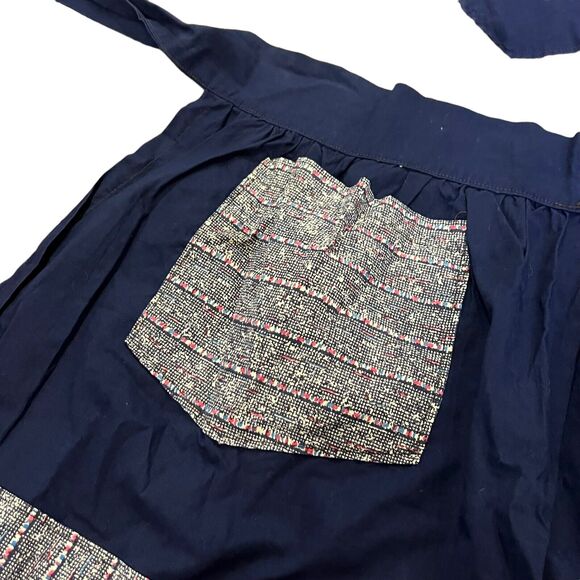 Vtg Handmade Half Apron Navy Blue Pink Pocket One Size Cotton Rock a Billy 1950s - Picture 3 of 3